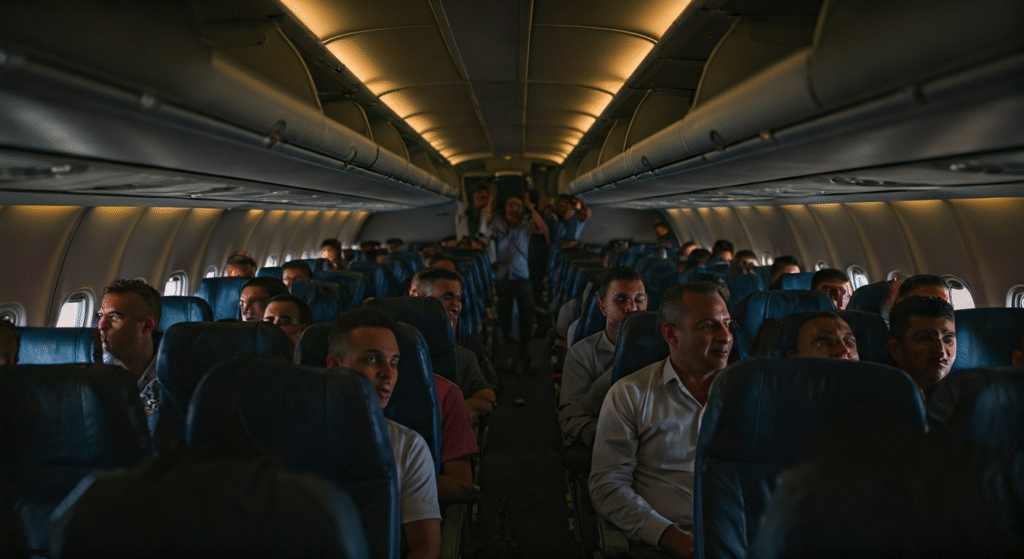 Fotografía fotorrealista del interior de un avión repleto de pasajeros cubanos aplaudiendo y gritando de emoción durante el despegue desde La Habana, con caras de alivio y esperanza. Estilo documental y realista.