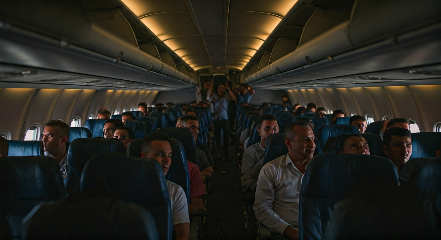 Fotografía fotorrealista del interior de un avión repleto de pasajeros cubanos aplaudiendo y gritando de emoción durante el despegue desde La Habana, con caras de alivio y esperanza. Estilo documental y realista.