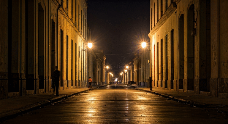 Apagón Total en Cuba: Crisis Eléctrica Sin Tregua Fotografía de alta calidad de Cuba durante un apagón, con un enfoque en la oscuridad que envuelve las ciudades y la gente usando linternas, capturando el impacto del corte de energía. Estilo documental y realista.