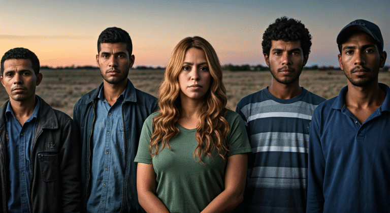 Fotografía fotorrealista de alta calidad que representa a Shakira Dominique Jordan, la mujer arrestada, y a un grupo diverso de migrantes, incluyendo cubanos y un individuo de Afganistán, en un escenario que simboliza la frontera de Texas y el tráfico de personas. Estilo documental y nítido.