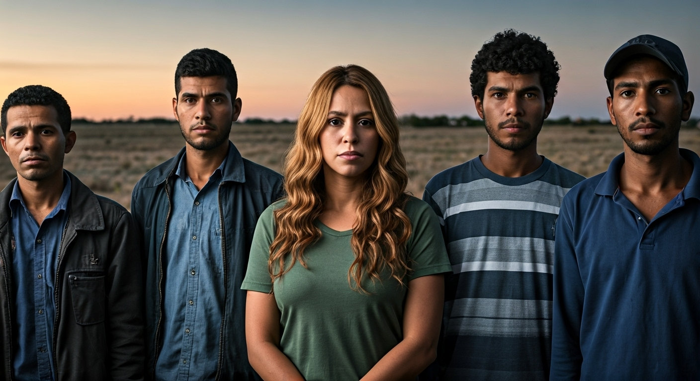 Fotografía fotorrealista de alta calidad que representa a Shakira Dominique Jordan, la mujer arrestada, y a un grupo diverso de migrantes, incluyendo cubanos y un individuo de Afganistán, en un escenario que simboliza la frontera de Texas y el tráfico de personas. Estilo documental y nítido.