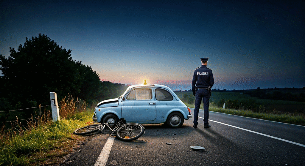 Fotografía conceptual y realista de un oficial de la policía italiana examinando un accidente de tráfico en una carretera rural, con un coche Fiat 500 dañado y una bicicleta destrozada al fondo, bajo una luz crepuscular dramática. Estilo cinematográfico, alta definición. ---