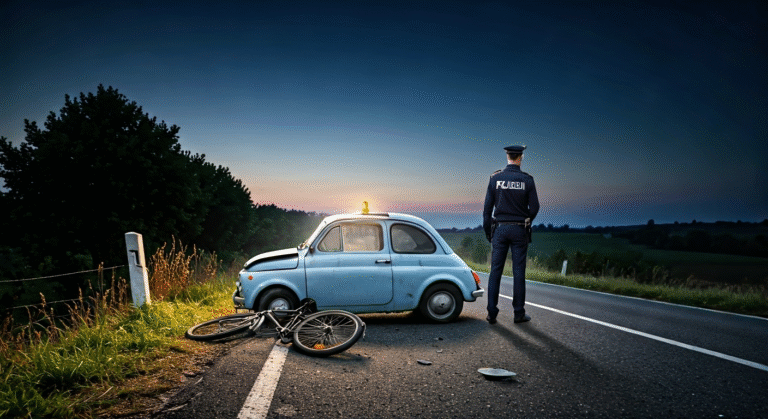 Joven Cubano Causa Accidente Mortal en Italia Fotografía conceptual y realista de un oficial de la policía italiana examinando un accidente de tráfico en una carretera rural, con un coche Fiat 500 dañado y una bicicleta destrozada al fondo, bajo una luz crepuscular dramática. Estilo cinematográfico, alta definición. ---