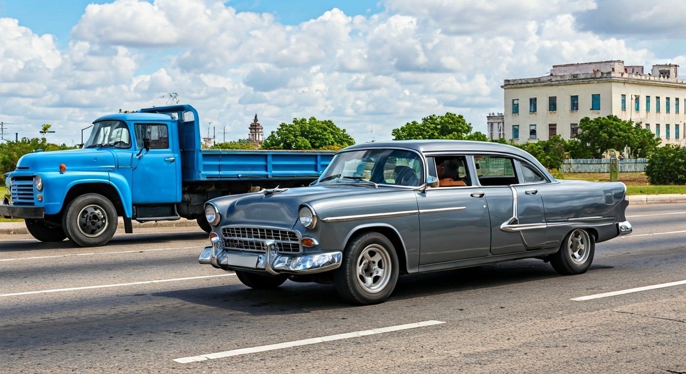 Fotografía de alta calidad de un auto de renta gris en una carretera cubana, con un camión azul grande muy cerca en el carril contiguo, ambos vehículos con detalles nítidos en un momento de casi colisión. Estilo documental y realista.