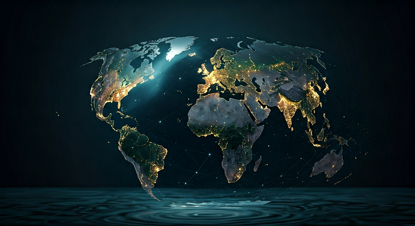 Imagen fotorrealista que representa un mapamundi con líneas de temperatura superpuestas sobre indicadores de crecimiento económico. Una mitad del mapa (hemisferio norte) brilla con nodos de conectividad y progreso, mientras que la otra mitad (hemisferio sur) tiene un tono más tenue, simbolizando la complejidad del desarrollo económico y el clima. Iluminación dramática y detalles nítidos.
