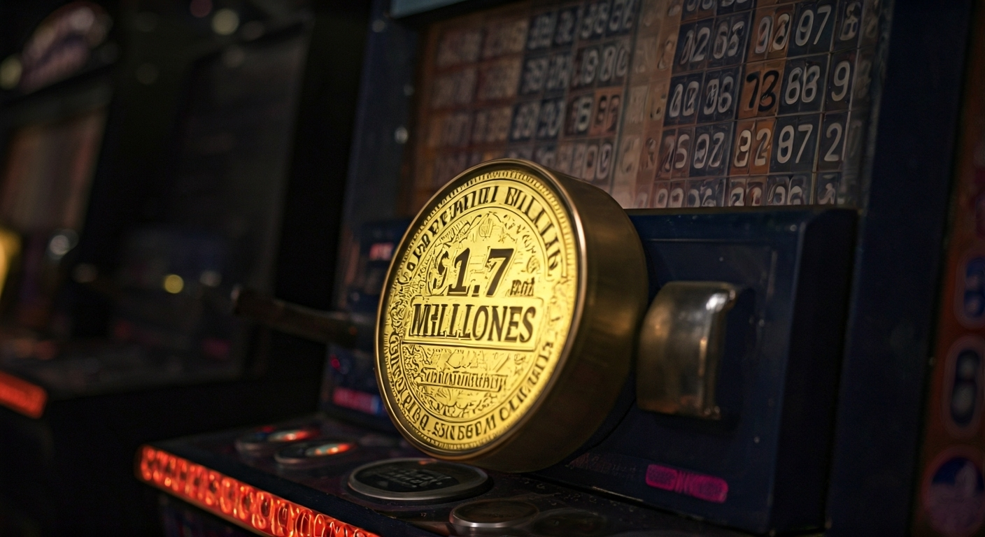 Fotografía de alta calidad de los números de la lotería Powerball saliendo de la máquina de sorteo, con el enorme bote de $1.7 mil millones proyectado al fondo, capturando la inmensidad del premio. Estilo documental y realista.