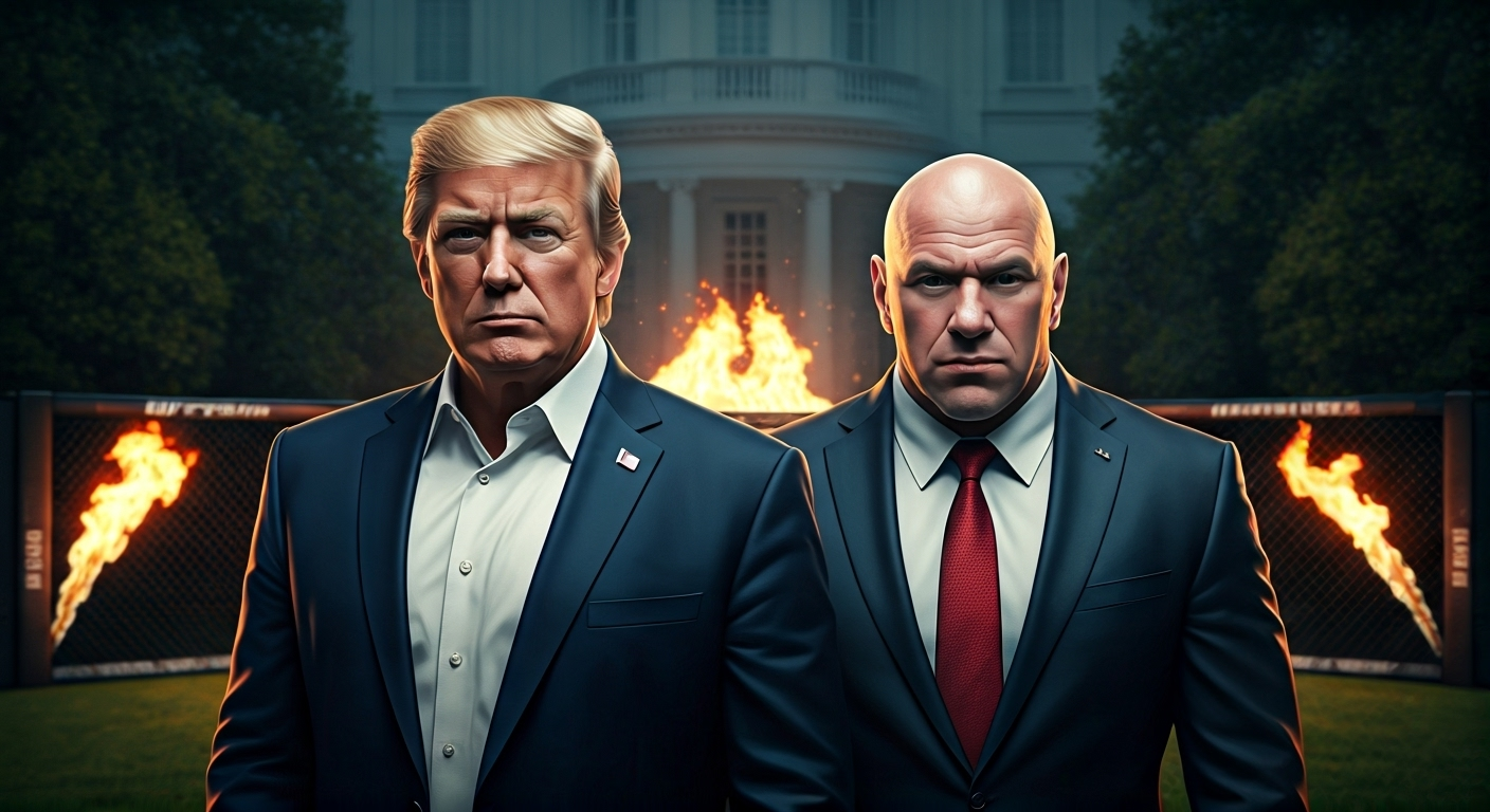Fotografía conceptual y realista de Donald Trump y Dana White en el Jardín Sur de la Casa Blanca, con un octágono de UFC de fondo y fuegos artificiales. Estilo cinematográfico, alta definición.