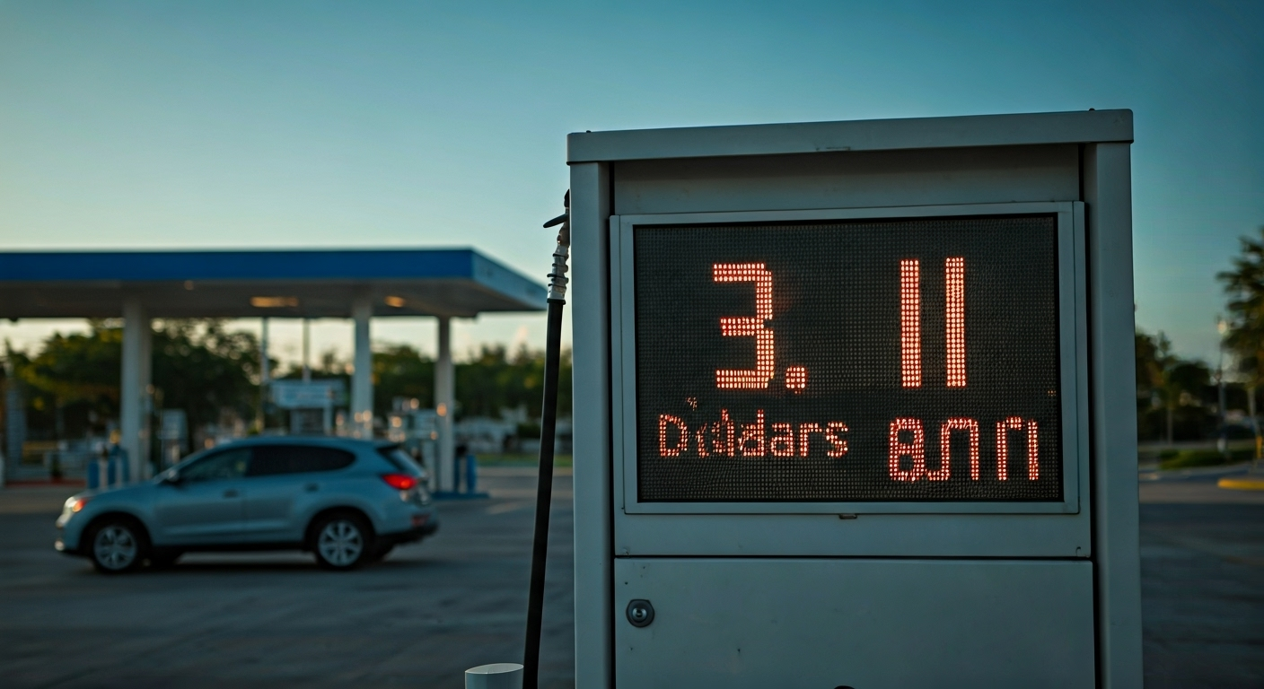 Imagen fotorrealista de una bomba de gasolina digital en una estación Chevron en Miami, mostrando un precio de 3.11 dólares por galón en un día soleado de finales de verano. Iluminación brillante y detalles nítidos.