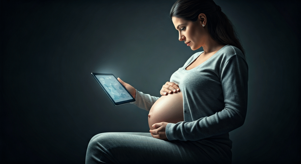 Fotografía conceptual y realista de una mujer embarazada pensativa, sosteniendo su vientre mientras mira una tableta con gráficos científicos. Iluminación suave, detalles nítidos.