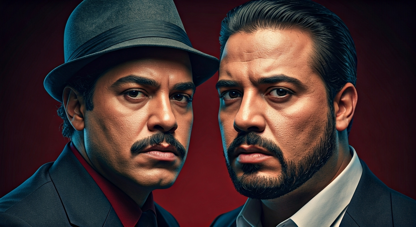 Fotografía conceptual y realista de Sandro Castro con gestos de burla y El Chulo con expresión desafiante, ambos en un ambiente que fusiona el glamour del reguetón y la seriedad política cubana, simbolizando su disputa. Iluminación dramática y detalles nítidos.