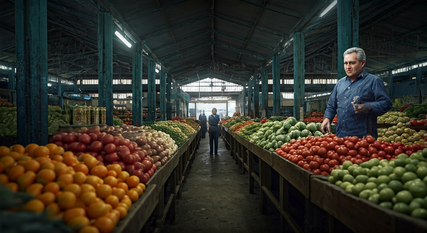Fotografía conceptual y realista de Miguel Díaz-Canel y Lis Cuesta en un mercado de alimentos en Cuba, en un contexto que simboliza la escasez y la realidad económica del país. Estilo documental, alta definición.