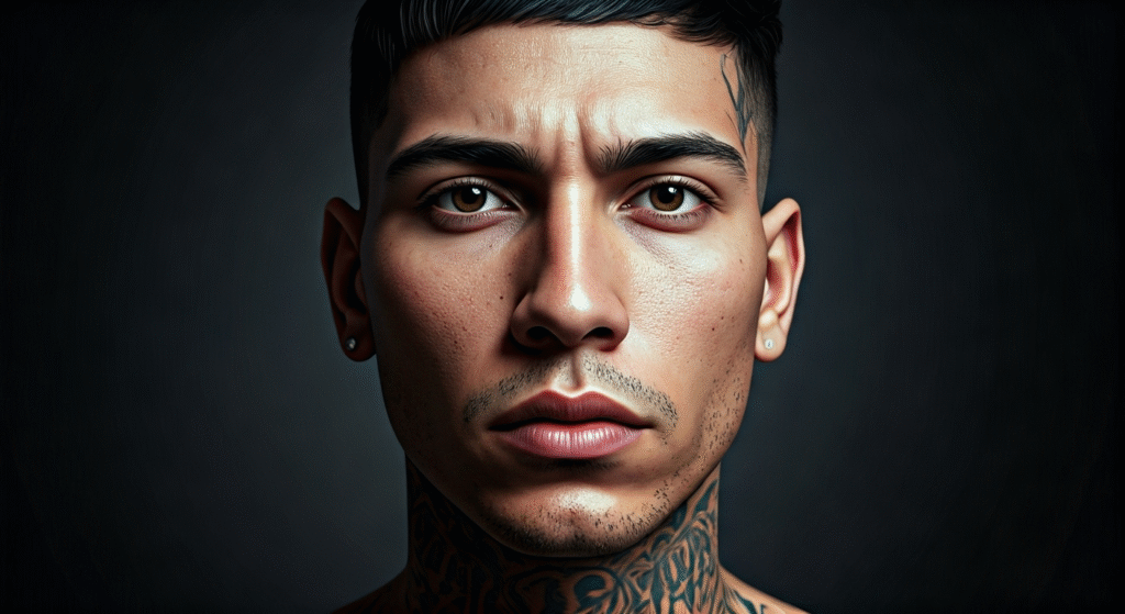 Fotografía conceptual y realista de Leandro de Souza mostrando su rostro con los tatuajes parcialmente removidos, reflejando un proceso de profunda transformación personal. Estilo cinematográfico, alta definición.