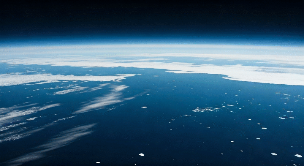 Fotografía fotorrealista de alta calidad de la Tierra vista desde el espacio, con nubes blancas sobre los océanos y grandes masas de hielo polar visibles, destacando el contraste entre el hielo y el agua abierta.