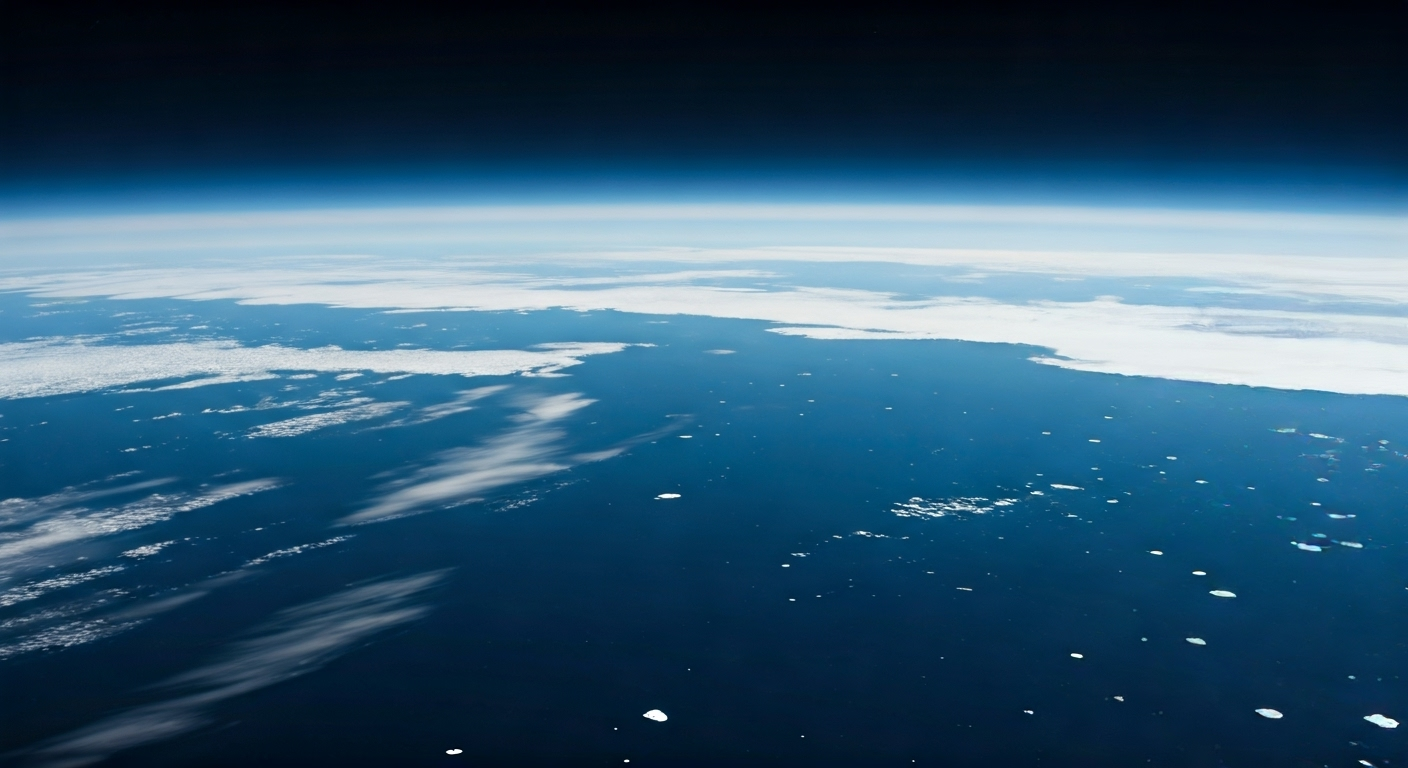 Fotografía fotorrealista de alta calidad de la Tierra vista desde el espacio, con nubes blancas sobre los océanos y grandes masas de hielo polar visibles, destacando el contraste entre el hielo y el agua abierta.