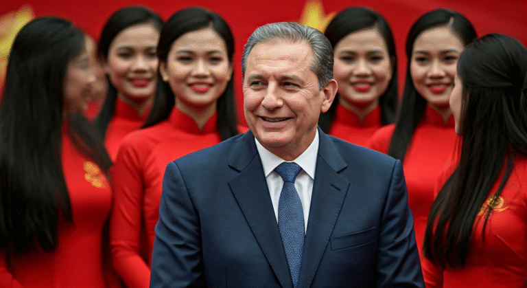 Fotografía conceptual y realista de Miguel Díaz-Canel sonriendo junto a un grupo de mujeres vietnamitas vestidas con trajes tradicionales, en un evento oficial en Hanoi, simbolizando la cooperación bilateral y la búsqueda de modelos ideológicos. Estilo cinematográfico, alta definición.
