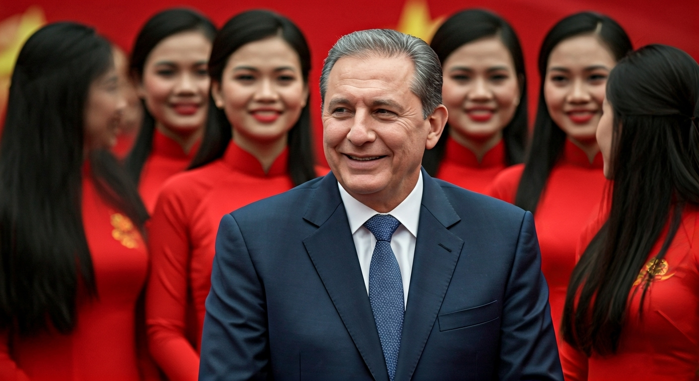 Fotografía conceptual y realista de Miguel Díaz-Canel sonriendo junto a un grupo de mujeres vietnamitas vestidas con trajes tradicionales, en un evento oficial en Hanoi, simbolizando la cooperación bilateral y la búsqueda de modelos ideológicos. Estilo cinematográfico, alta definición.