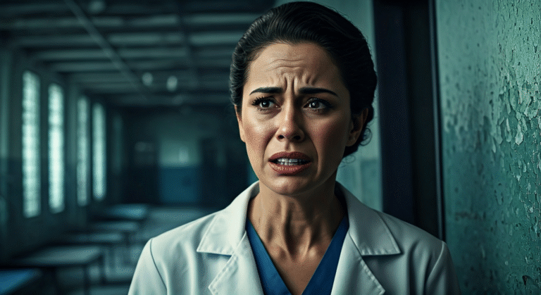 Fotografía conceptual y realista de una mujer médica cubana con expresión de angustia, con el fondo difuminado de un hospital deteriorado y un letrero de "Maternidad de Línea" parcialmente visible. Estilo cinematográfico, alta definición.