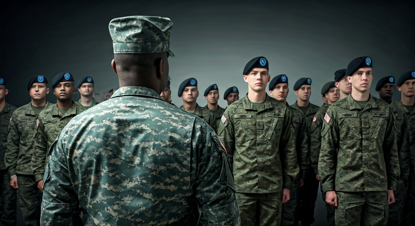 Imagen fotorrealista de militares de los Estados Unidos en formación, con un sargento al frente y soldados de diferentes rangos detrás, simbolizando la estructura jerárquica del ejército. Estilo cinematográfico, alta definición.