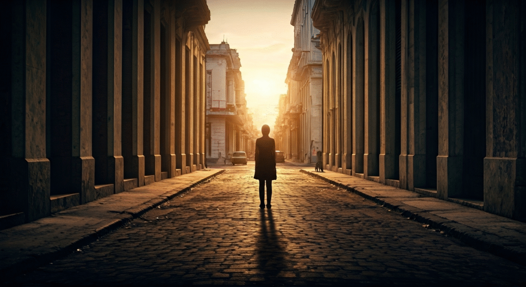 Fotografía conceptual y realista de una calle de La Habana al amanecer, con una figura solitaria que simboliza la vulnerabilidad ante la creciente violencia en Cuba. Iluminación dramática, detalles nítidos y estilo cinematográfico.