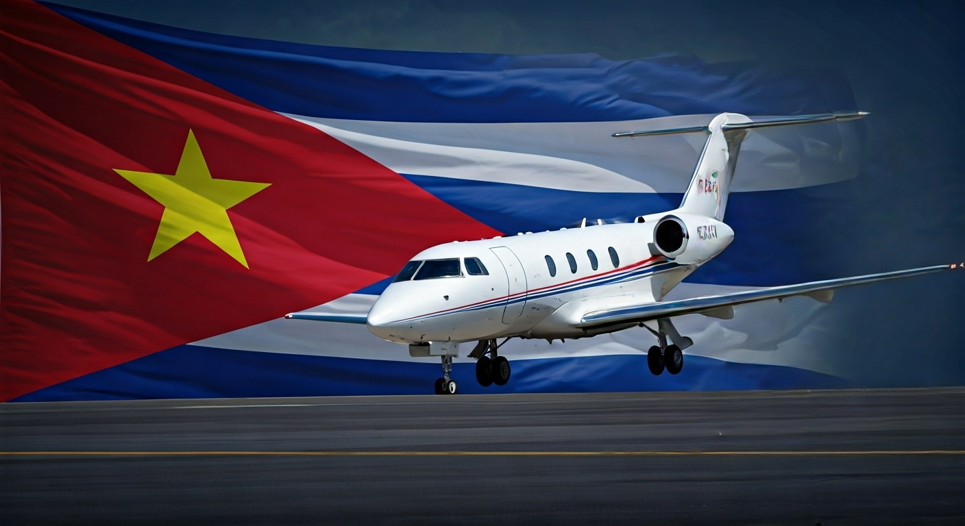 Fotografía conceptual y realista de Miguel Díaz-Canel y Lis Cuesta descendiendo de un avión privado en un aeropuerto de Vietnam, con elementos sutiles de la bandera cubana y vietnamita de fondo. Estilo cinematográfico, alta definición.