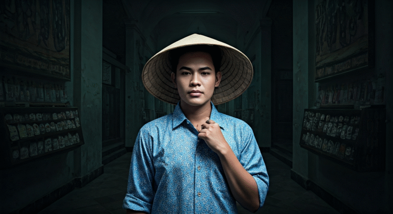 Fotografía conceptual y realista de Lis Cuesta Peraza en un atuendo de estilo guayabera, con un telón de fondo que difumina elementos de prosperidad vietnamita con escenas de escasez cubana, en un estilo documental de alta definición.
