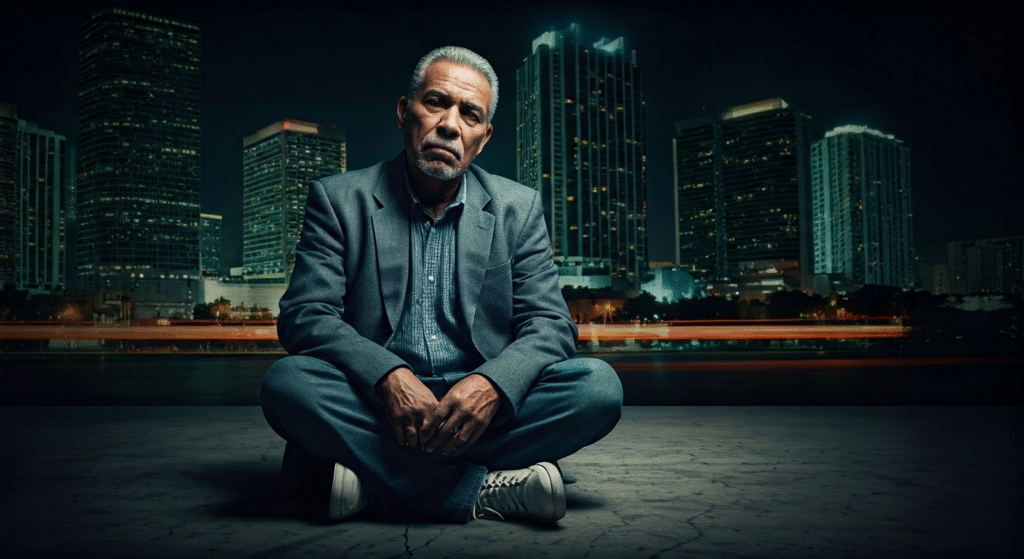 Fotografía conceptual y realista de un hombre mayor, de origen cubano, sentado en el suelo con una expresión de resignación, rodeado de los rascacielos de Miami de fondo, simbolizando la soledad y la lucha en la diáspora. Estilo cinematográfico, alta definición.