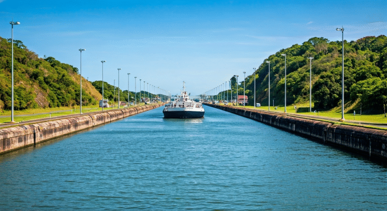 Canal de Panamá: Historia, Legado y Visión Futura del Hito Global Fotografía de alta calidad del Canal de Panamá, mostrando una gran embarcación transitando las históricas esclusas de Gatún, con sus compuertas imponentes y el exuberante paisaje tropical al fondo, capturando la solemnidad de esta obra de ingeniería. Estilo documental y realista.