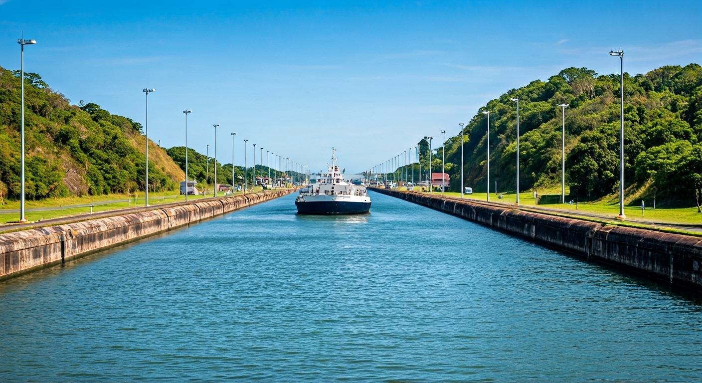 Fotografía de alta calidad del Canal de Panamá, mostrando una gran embarcación transitando las históricas esclusas de Gatún, con sus compuertas imponentes y el exuberante paisaje tropical al fondo, capturando la solemnidad de esta obra de ingeniería. Estilo documental y realista.