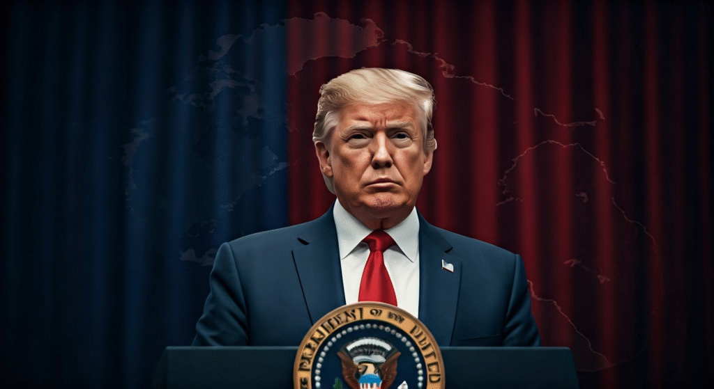 Fotografía conceptual y realista de Donald Trump en un podio de prensa, con un mapa geopolítico del Caribe y Venezuela difuminado en el fondo, simbolizando la tensión internacional. Estilo cinematográfico, alta definición.