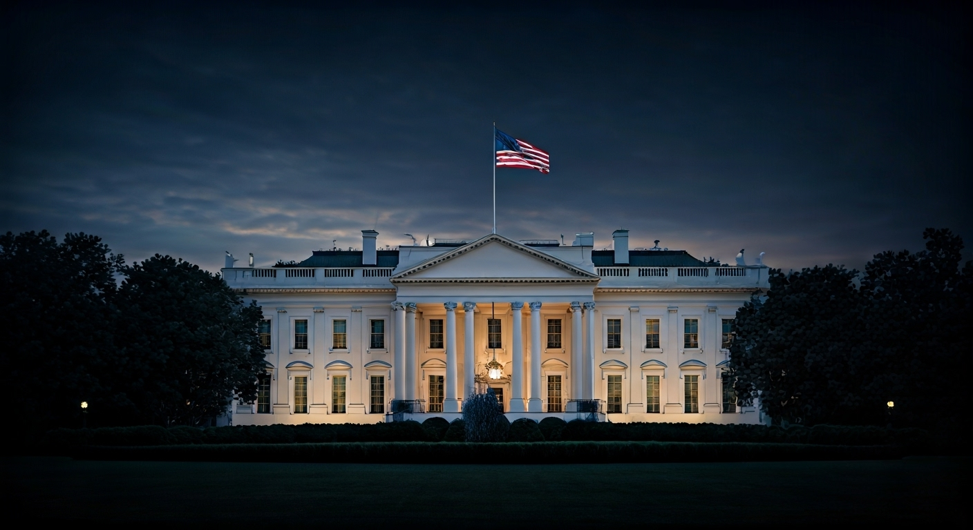 Fotografía conceptual y realista de la Casa Blanca al atardecer, con una bandera estadounidense ondeando majestuosamente, simbolizando su papel como centro de poder y un faro de democracia. Estilo cinematográfico, alta definición.