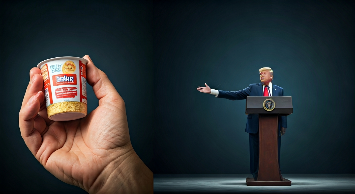 Fotografía conceptual y realista de instrucciones sobre cupones de alimentos en una mano y el expresidente Donald Trump hablando en un podio, simbolizando el impacto de su administración en las políticas sociales. Estilo cinematográfico, alta definición.