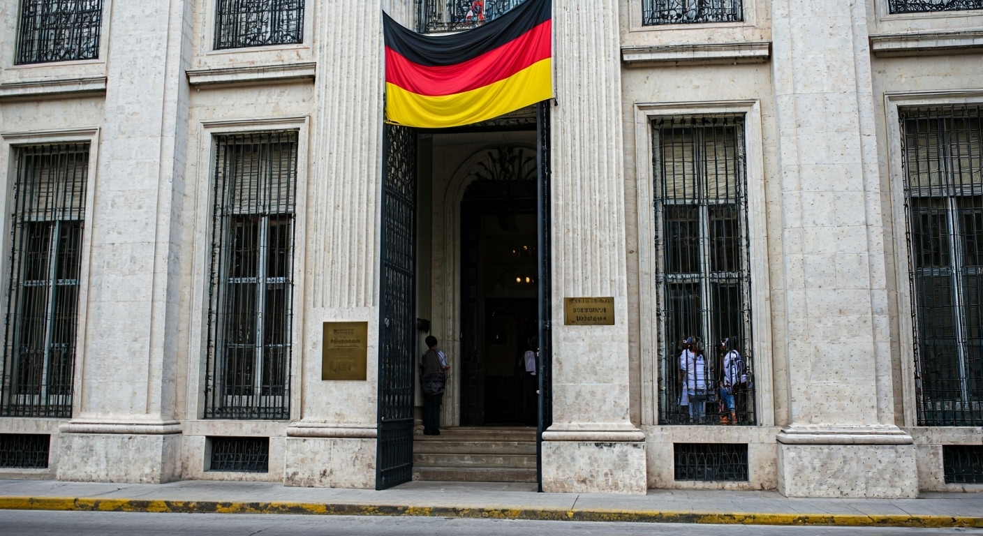 Fotografía de alta calidad de la fachada de la Embajada de Alemania en La Habana, Cuba, con su bandera ondeando y algunas personas esperando en el exterior, que simboliza la esperanza de nuevas oportunidades migratorias. Estilo documental y realista.