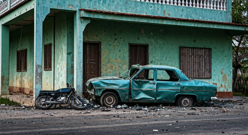 Fotografía conceptual y realista de un automóvil destrozado empotrado en la fachada de una casa rural cubana, con escombros esparcidos y una moto en el suelo. Estilo documental, alta definición, captura la devastación del impacto.