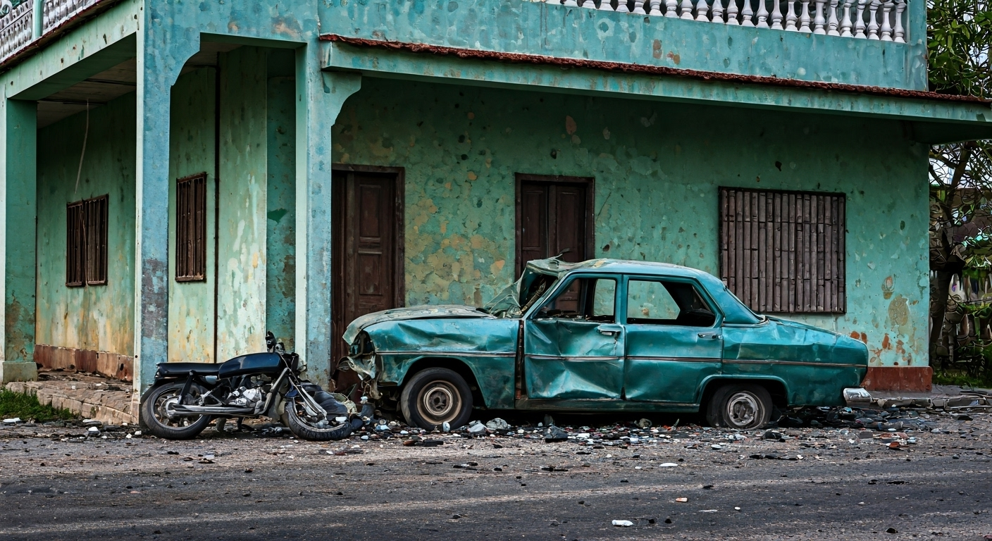 Fotografía conceptual y realista de un automóvil destrozado empotrado en la fachada de una casa rural cubana, con escombros esparcidos y una moto en el suelo. Estilo documental, alta definición, captura la devastación del impacto.