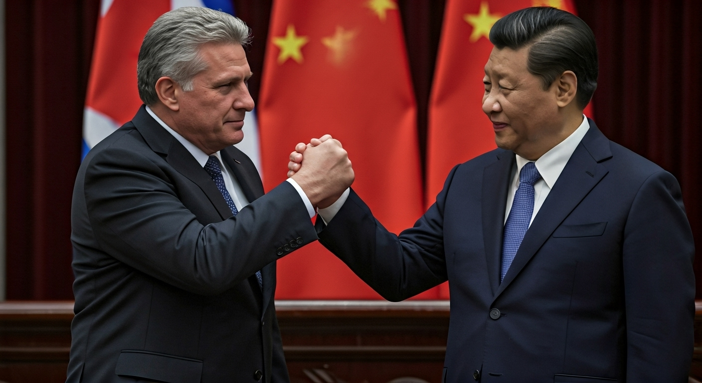 Fotografía conceptual y realista de Miguel Díaz-Canel y Xi Jinping estrechando manos en el Gran Palacio del Pueblo, con banderas de Cuba y China en el fondo, simbolizando los acuerdos bilaterales. Estilo cinematográfico, alta definición.