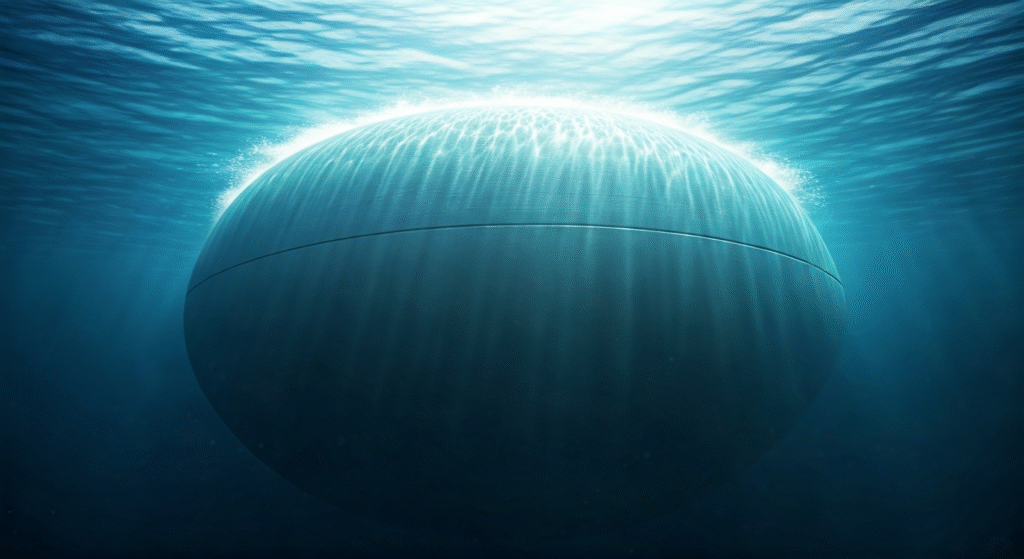 Fotografía conceptual y realista de un megalodón emergiendo de las profundidades marinas, con la luz solar filtrándose desde la superficie, mostrando su tamaño y poderío.