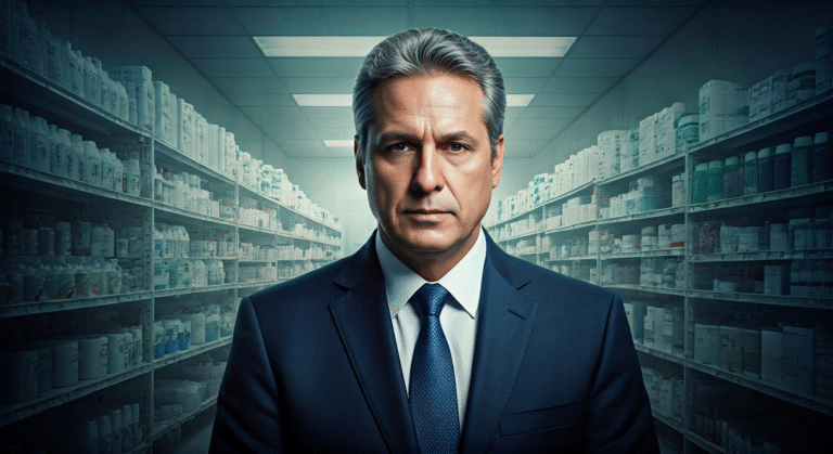 Fotografía conceptual y realista de Miguel Díaz-Canel en un laboratorio moderno y brillante en Hanói, con un fondo difuminado de una farmacia cubana con estantes vacíos. Estilo cinematográfico, alta definición.