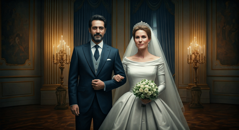 Fotografía conceptual y realista de Leopoldo Maduro Vollmer y la Princesa María Carolina de Liechtenstein, con atuendos de boda, en un majestuoso salón nupcial que simboliza la unión de la realeza europea y la alta sociedad latinoamericana. Estilo cinematográfico, alta definición.