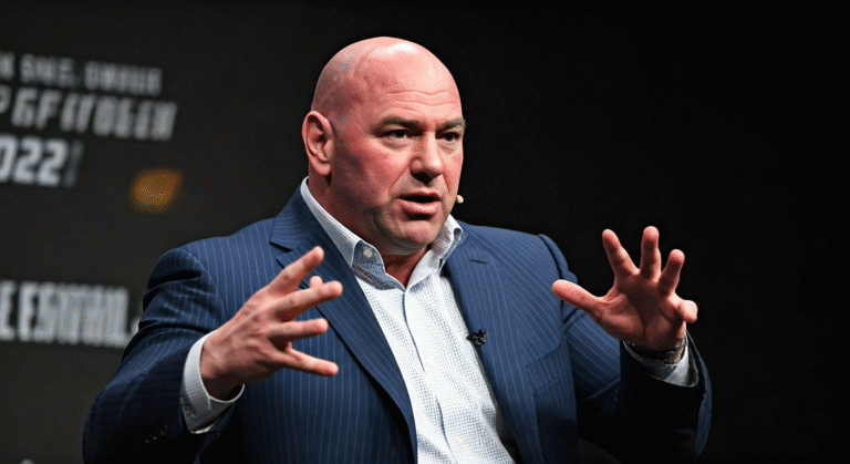 Fotografía conceptual y realista de Dana White, CEO de la UFC, gesticulando mientras habla durante un evento, con una iluminación dramática que resalta su figura. Estilo cinematográfico, alta definición.