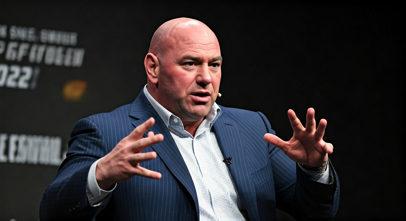 Fotografía conceptual y realista de Dana White, CEO de la UFC, gesticulando mientras habla durante un evento, con una iluminación dramática que resalta su figura. Estilo cinematográfico, alta definición.