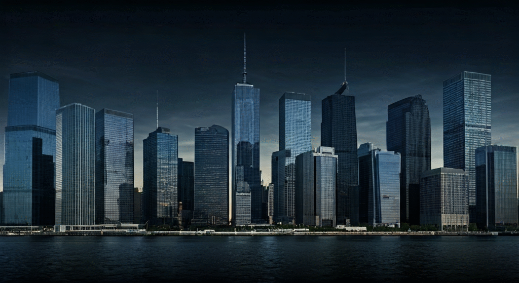 Fotografía conceptual y realista de varias ciudades de Estados Unidos superpuestas con un efecto visual de grietas y hundimiento, con una mezcla de rascacielos y áreas residenciales. Iluminación dramática, alta definición.