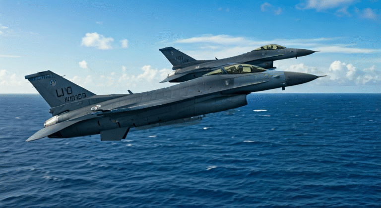 Tensión EEUU-Venezuela: F-16s hostigan destructor Fotografía conceptual y realista de dos cazas F-16 venezolanos sobrevolando peligrosamente un destructor de la Marina de EE.UU. en aguas turbulentas del Caribe. El cielo está encapotado, simbolizando la tensión. Estilo cinematográfico, alta definición.