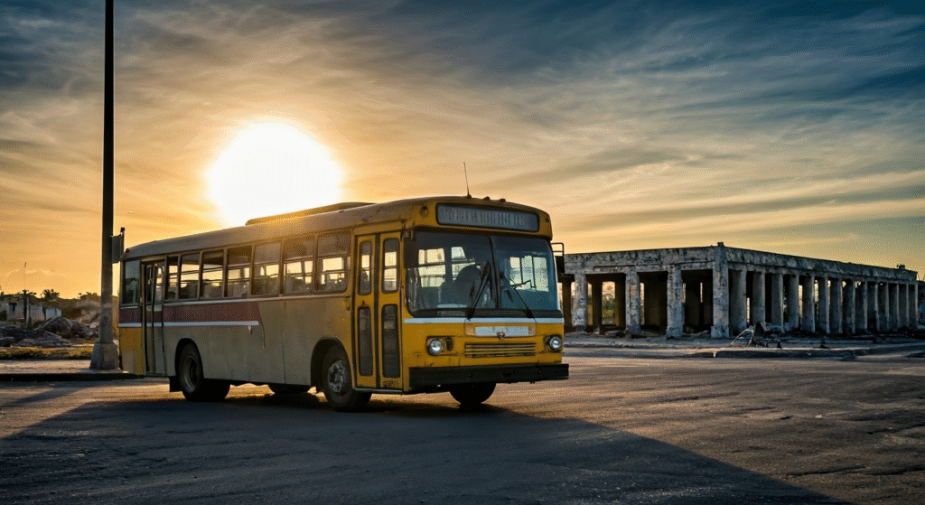 Fotografía fotorrealista que representa la crisis del transporte público en Cuba, con un autobús abarrotado de personas y un horizonte urbano deteriorado, bajo un sol intenso. Estilo documental y realista.