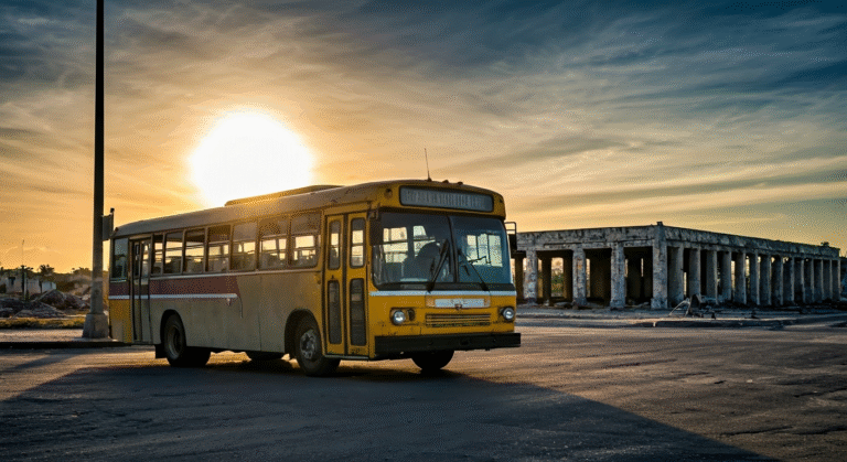 Fotografía fotorrealista que representa la crisis del transporte público en Cuba, con un autobús abarrotado de personas y un horizonte urbano deteriorado, bajo un sol intenso. Estilo documental y realista.