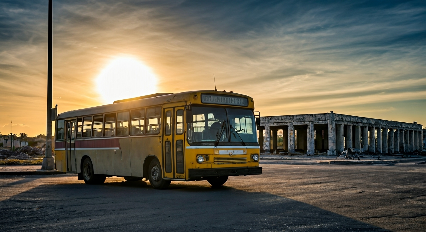 Fotografía fotorrealista que representa la crisis del transporte público en Cuba, con un autobús abarrotado de personas y un horizonte urbano deteriorado, bajo un sol intenso. Estilo documental y realista.