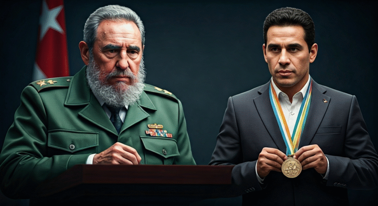 Fotografía conceptual y realista de Fidel Castro en un sobrio despacho presidencial y Mario Kindelán con sus medallas olímpicas, ambos mirando un titular de noticia que los conecta y simboliza la relación de poder en el deporte cubano. Estilo cinematográfico, alta definición.