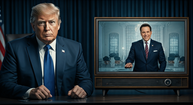 Fotografía conceptual y realista de Donald Trump en un sobrio despacho presidencial y Peter Doocy, reportero de Fox News, en un plató de televisión, ambos con una pantalla dividida que muestra el video viral de la Casa Blanca. Estilo cinematográfico, alta definición.