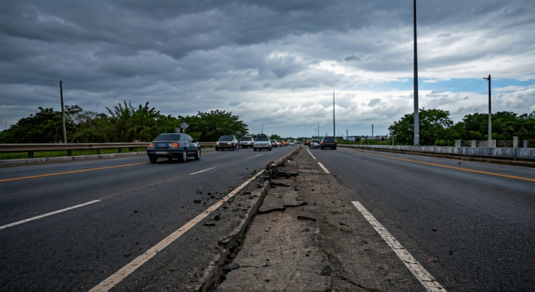 Fotografía de alta calidad de un puente de hormigón visiblemente dañado, con una marca de impacto en la parte inferior, sobre una carretera congestionada en un día nublado en Cuba, simbolizando la crisis de infraestructura. Estilo documental y realista.