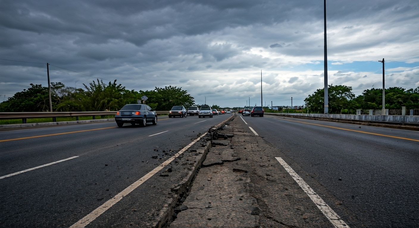 Fotografía de alta calidad de un puente de hormigón visiblemente dañado, con una marca de impacto en la parte inferior, sobre una carretera congestionada en un día nublado en Cuba, simbolizando la crisis de infraestructura. Estilo documental y realista.