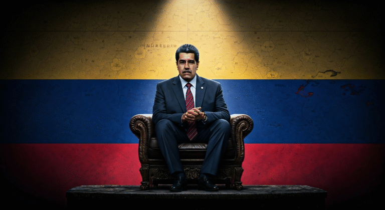 Fotografía conceptual y realista de Nicolás Maduro en un podio con un fondo de bandera venezolana y un mapa de la región del Caribe con símbolos de tensión militar. Estilo cinematográfico, alta definición.